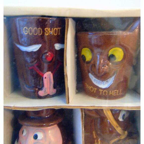 Redware Shot Glasses 8 Clay Pottery Cartoon Bar Cups Big Shot Longshot Dbl Shot - Picture 5 of 12